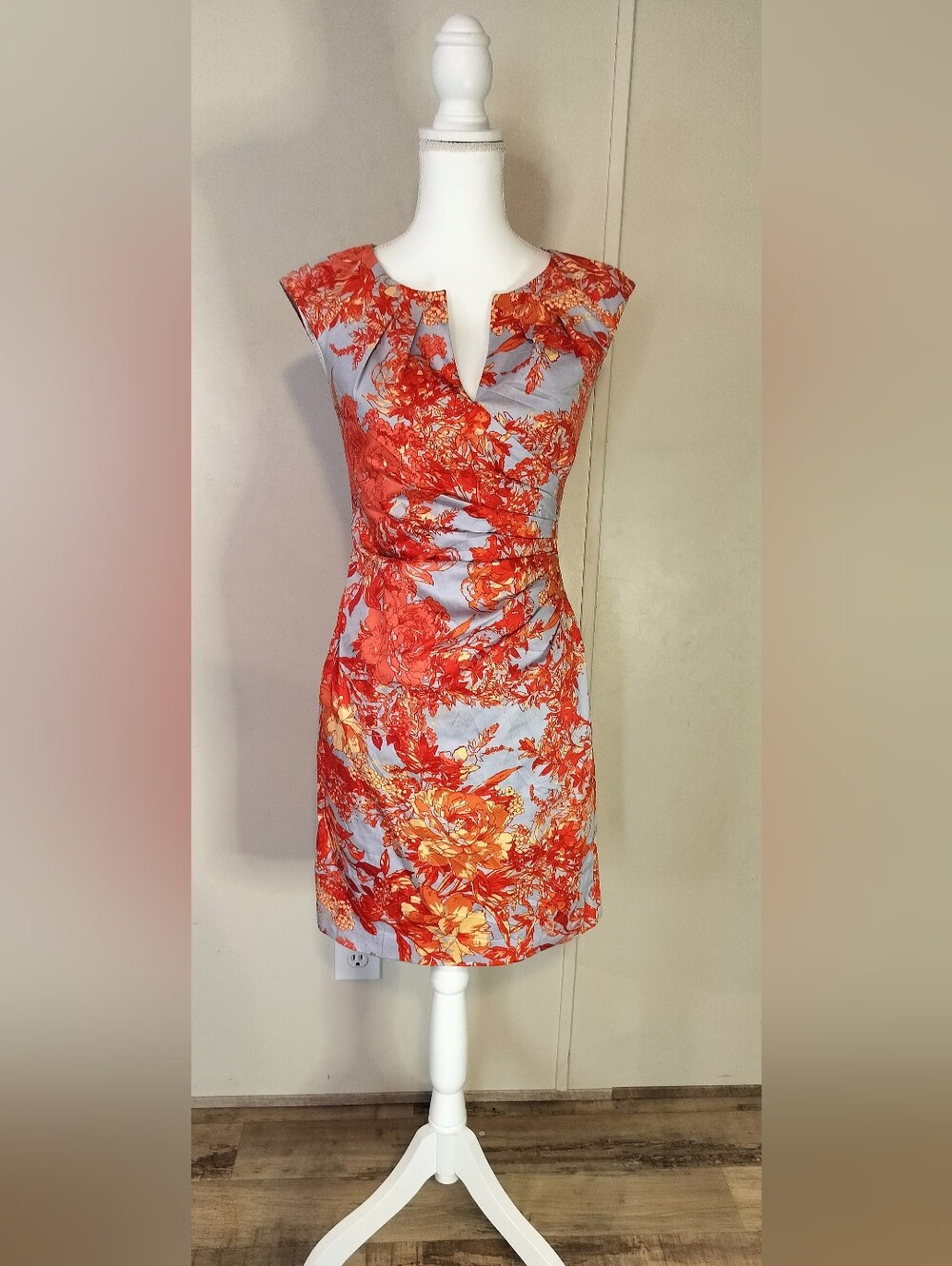 Adrianna Papell Red and Light Blue Floral Sheath Dress
